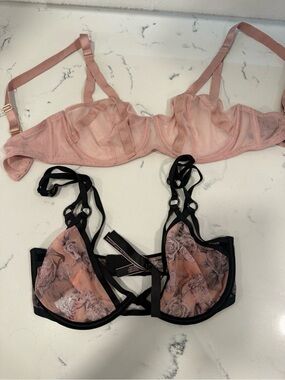 Victoria's Secret Sheer Pink Mesh Bra & Black-Trim Floral Bra Set